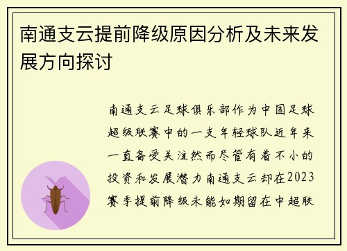 南通支云提前降级原因分析及未来发展方向探讨