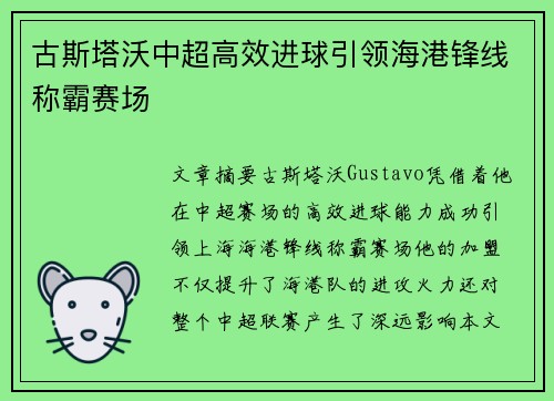 古斯塔沃中超高效进球引领海港锋线称霸赛场